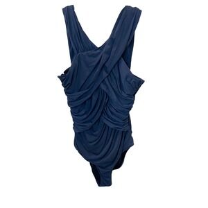 Garnet Hill Ruched Front One Piece Swimsuit Navy Blue Size 12 Crossover V-Neck